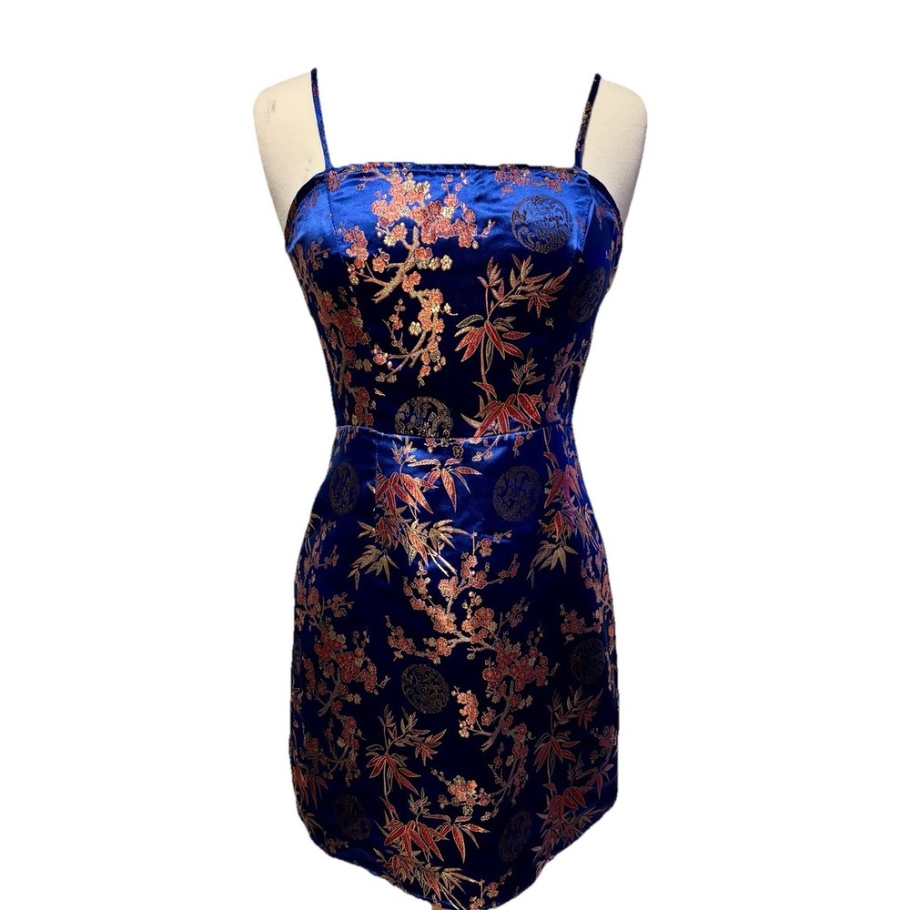 Asian Style Blue Floral Mini‎ Dress Adjustable Spaghetti Straps Back Zip Size S